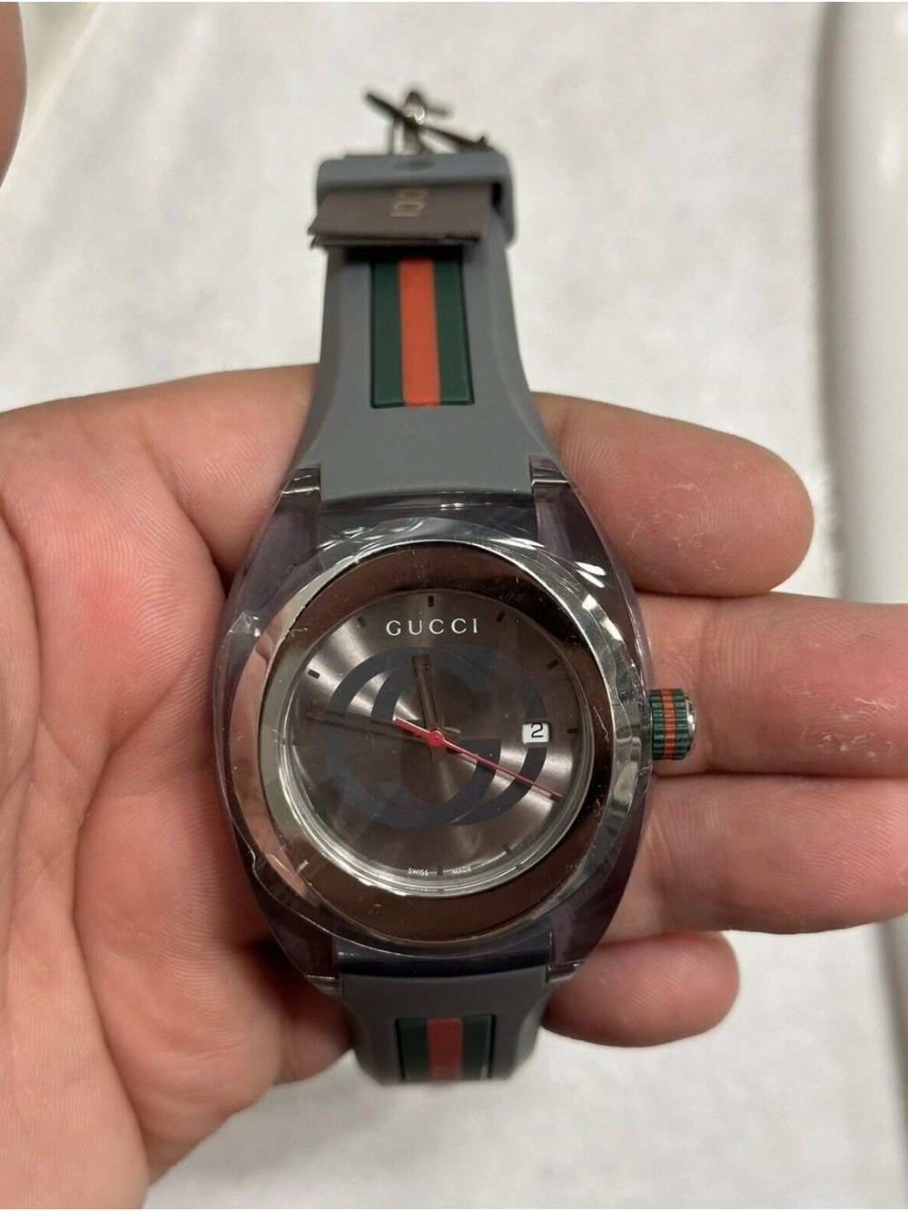 Gucci Gray Silicone Watch with Green and Red Accent Stripes
